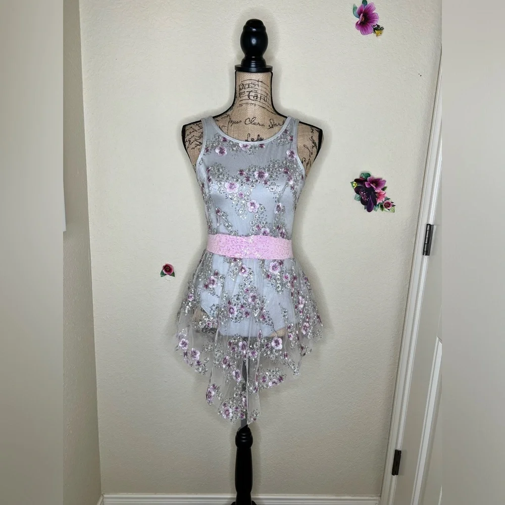 Curtain Call Silver/Gray with Floral Embroidery with Sheer Overskirt Sz Child L